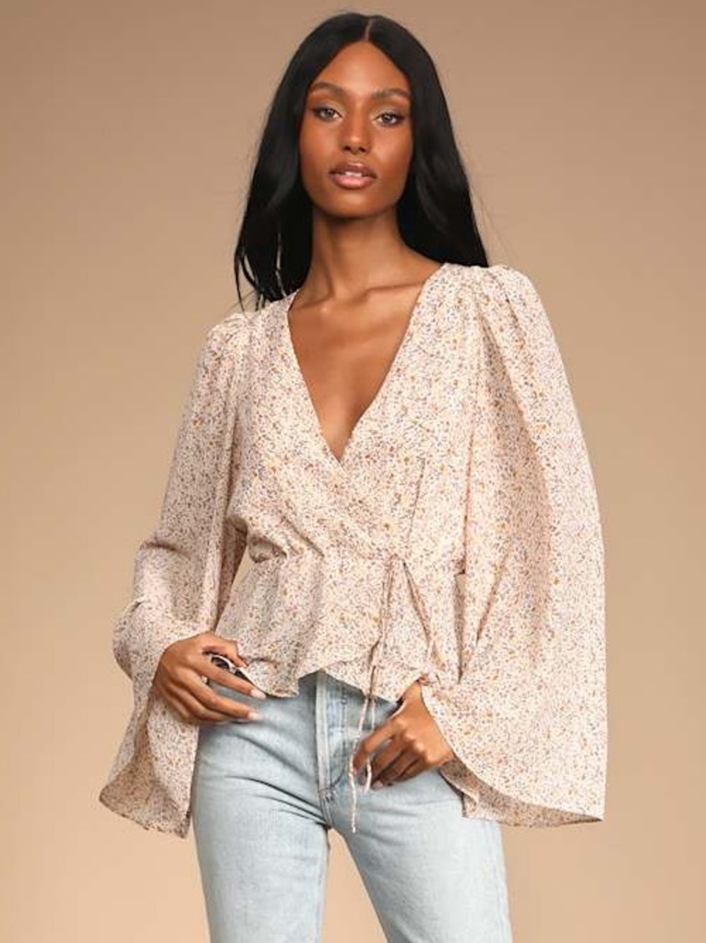 LULU’s Bell-Sleeve Floral V-Neck Peplum Wrap Blouse Shirt Top Cropped Medium - Picture 3 of 12